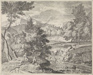 Paisagem Arcadian com duas figuras por uma cachoeira de Richard van Orley (II)