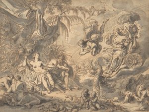 Juno em sua carruagem visitando uma jovem e um deus do rio, final do século XVII a meados do século XVIII.