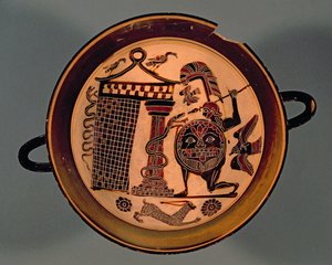 Taça de figuras negras de Lacônia representando um guerreiro atacando uma cobra, século 6 aC (cerâmica) de Rider Painter