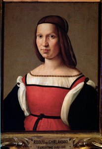 Retrato de uma senhora das classes mais baixas num vestido vermelho com mangas bufantes (Pintura de Ridolfo Il  Ghirlandaio