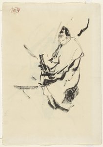 Mulher recortada, em almofadas, com um livro de Rik Wouters