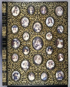 Uma capa de livro com 25 miniaturas de retratos de mulheres bonitas, segundo as &39;Gravações de Retratos de Artistas Famosos&39; de Ward de Riviere and Son