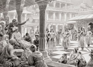Akbar jogando pachisi ou chaupur com peças ao vivo no Fatehpur Sikri em 1575, de Hutchinson