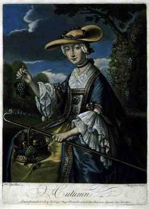 Outono, gravada por C. Corbutt (Richard Purcell) (fl.1746-66), pub. por Robert Sayer, c.1760 (gravura mezzotint) (ver também 125559-61) de Robert (after) Pyle