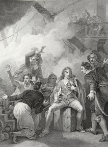 Earl Sandwich recusando-se a deixar seu navio em chamas, na Batalha de Sole Bay, gravada por W. Byrne, ilustração de 