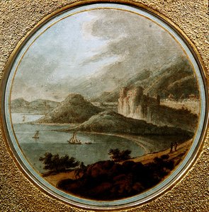 Castelo sobre uma baía marítima com navios, c.1775 (caneta e tinta com aguarela sobre papel) de Robert (attr. to) Adam