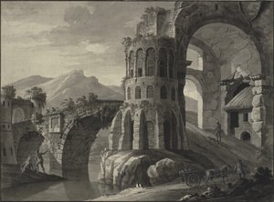 Fantasia arquitetônica. Ruína de ponte antiga, ladeada por torres medievais de Robert Adam