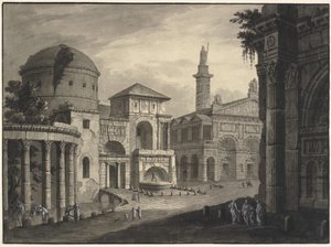 Fantasia arquitetônica de uma cidade antiga com uma praça e muitos prédios, alguns parcialmente em ruínas de Robert Adam