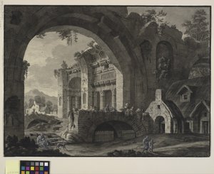 Fantasia arquitetônica com ruínas de um antigo banho e chalés de Robert Adam