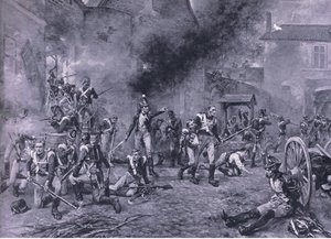 A defesa de Hougoumont 18 de junho de 1815, ilustração das batalhas britânicas na terra e no mar, 1915
