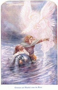 Cristão e esperançoso cruzam o rio, de The Pilgrims Progress publicado por John F Shaw & Co, c.1900