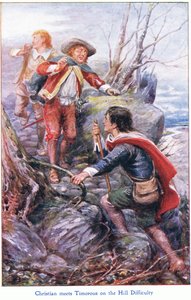 Christian encontra Timorous na colina da dificuldade, de The Pilgrims Progress publicado por John F Shaw & Co, c.1900