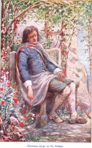Christian sleeps in the arbour, de The Pilgrims Progress, publicado por John F Shaw & Co, c.1900