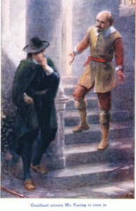 Great Heart pede ao Sr. Temendo para entrar, de The Pilgrims Progress publicado por John F Shaw & Co, c.1900