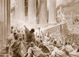 A Queima da Biblioteca em Alexandria em 391 DC, ilustração de "Hutchinsons History of the Nations", c.1910 (litho)
