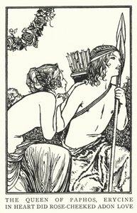 A Rainha de Pafos, Erycine, de coração fez o amor de Adon de rosto rosado (litho) de Robert Anning Bell