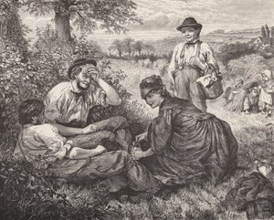 Trabalhadores agrícolas a descansar durante a colheita (gravura) de Robert Barnes