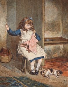 Rapariga a coser com gato a seus pés (litografia a cores) de Robert Barnes