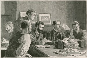 A grande greve dos trabalhadores das docas no East End: o comitê de finanças emitindo multas nos Wade Arms, Jeremiah Street, Poplar, a sede dos grevistas de Robert Barnes