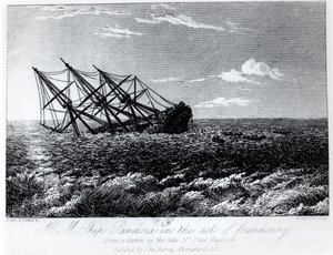 HM Pandora naufragando, de "A Historia Eventful da Munidade e Apreensão Piratica de HMS Bounty: sua causa e consequencias" por John Barrow, publicado por John Murray em 1835 de Robert Batty