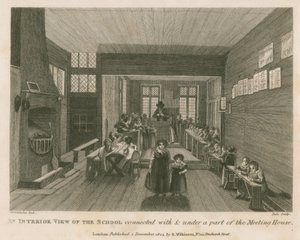 Uma visão interior da escola conectada com e sob uma parte do que antigamente era a casa de reunião de John Bunyan de Robert Blemell Schnebbelie