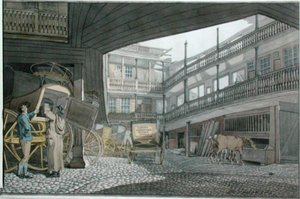 Vista do pátio na Spread Eagle, Gracechurch Street, com a Alimentação de Treinadores e Cavalos de Robert Blemell Schnebbelie