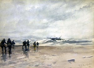 Pescadores Puxando em Barco de Pesca Desorientado (aguarela sobre papel) de Robert Buchan Nisbet