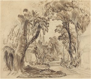 Um caminho de jardim arborizado (esboço preliminar para "A Bela Adormecida e a Fera"?)