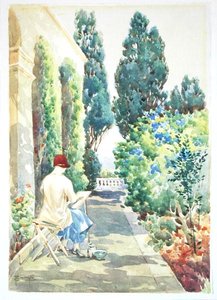 Cicely Nops Painting in a Garden (aguarela sobre papel) de Robert Caruana Dingli