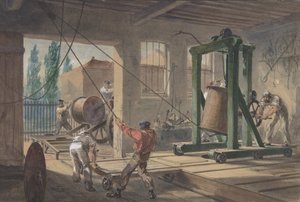 Os carretéis de fio condutor coberto de guta-percha transportados para tanques nas obras..., 1865-66. de Robert Charles Dudley