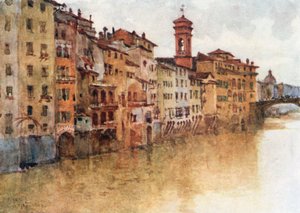 Estudo das casas antigas de Borgo S Jacopo, a partir do Arno, olhando para oeste (litografia a cores) de Robert Charles Goff