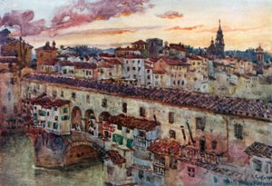 Pôr do sol de verão sobre os telhados florentinos (litografia a cores)