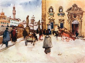 O Palácio Frescobaldi, com a Ponte Santa Trinita e a Torre do Palazzo Vecchio (litografia a cores) de Robert Charles Goff