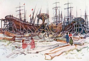 Estaleiro de construção naval de Viareggio (litografia a cores) de Robert Charles Goff