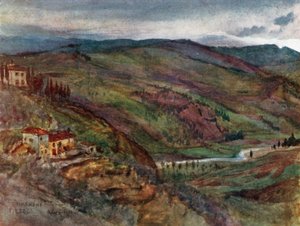 O Vale do Mugnone olhando para norte, para o Monte Senário ao longe (litografia a cores)