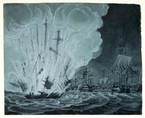 Navio, a explodir, na batalha do Nilo (desenho a caneta, lavagem a cinzento) de Robert Cleveley