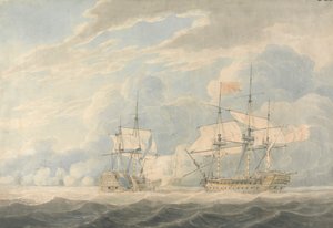 O Vice-Almirante holandês sob o Almirante De Winter a bater a sua bandeira ao Vice-Almirante inglês Onslow sob o Almirante Duncan na Batalha de Camperdown, 11 de Outubro de 1797
