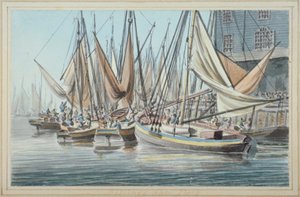 Vista do cais de Billingsgate com barcos na água, cidade de Londres, 1790. de Robert Clevely