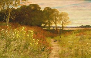 Paisagem com flores silvestres e coelhos