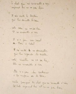 O gato que é como nada na terra, página manuscrita da coleção de poemas "La Menagerie de Tristan", de Robert Desnos.