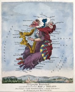 Geografia enfeitiçada! ou, um divertido mapa caricatural da Irlanda. Este retrato de Lady Hibernia Bull é humildemente dedicado ao seu marido, o grande Sr. John Bull. [ca.1796]