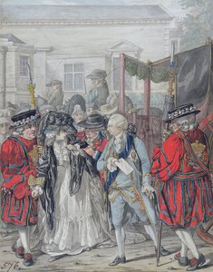 Margaret Nicholson Tentativa de Assassinar Sua Majestade, George III (1738-1820), na Entrada do Jardim do Palácio de Santiago, 2 de Agosto de 1786 (lápis, caneta e tinta preta, aguarela e cor de corpo sobre papel)