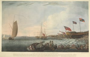 Uma Vista de Blackwall, com parte do Estaleiro, no lançamento do Castelo de Bombaim, 74 canhões, construídos a expensas do Exmo. Companhia das Índias Orientais e apresentado por eles a Sua Majestade em junho de 1782 de Robert Dodd