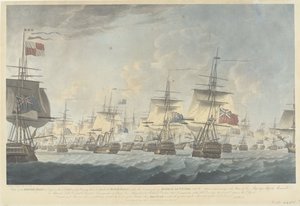 Slag bij Kamperduin (1797): aanval door de Britse vloot
Vista da Frota Britânica ao meio-dia de 11 de Outubro de 1797, Bearing down to attack the Dutch Fleet (...) (título sobre o objecto)