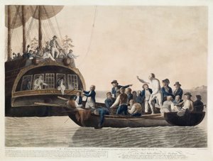 Os amotinados que transformam o tenente Bligh e parte dos oficiais e tripulação Adrift, 29 de abril de 1789, bar. 1790 de Robert Dodd