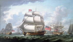 O "Victory" a sair de Spithead (Inglaterra), com o pavilhão vermelho e o pavilhão do Vice-Almirante dos Pumas, à sua direita, um triciclo identificado como "Queen Charlotte de Robert Dodd