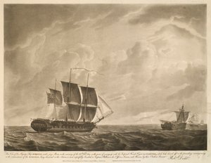 Esta vista, do navio EUROTAS de Sua Majestade, com mastros de júri, na manhã de 26 de fevereiro de 1814, prestes a aproximar-se da fragata imperial francesa LA CLORINDE, que se tinha afastado na noite anterior, devido à circunstância de o de Robert Dodd