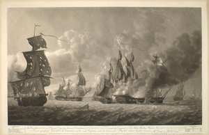 Esta Vista da ACÇÃO no dia de S. Jorge de 1794, entre um Destacamento das FRIGORÍFICAS de SUA MAJESTADE, sob o Comando de Sir John Borlase Warren Bar, e QUATRO FRIGORÍFICAS FRANCESAS, é muito respeitosamente Inscrita ao Comodoro, e aos vários Capitães sob de Robert Dodd