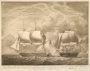 Ao Capitão Phillimore, seus Oficiais, Marinheiros e Fuzileiros, esta representação da sua hábil manobra (ao passar sob a popa do Inimigo quando este esperava que eles tomassem o medidor de tempo) pela qual a Fragata EUROTAS de Sua Majestade, trouxe o Imper de Robert Dodd