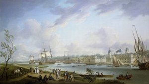 Vista de Greenwich, descrição do Tamisa e das actividades nas suas margens, bem como da navegação fluvial, sujeita à importância das marés. Óleo sobre tela de Robert Dodd